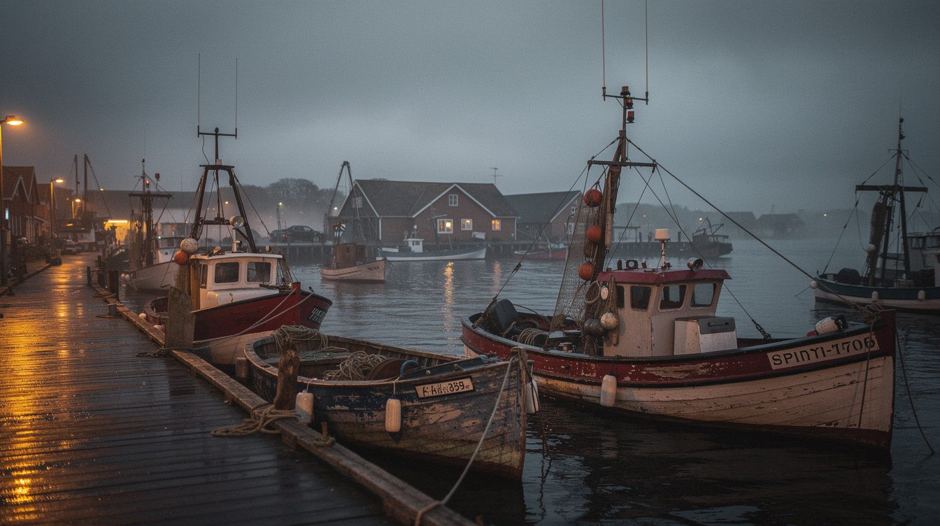 Danish fishing harbor at dusk with wooden boats and warm lights