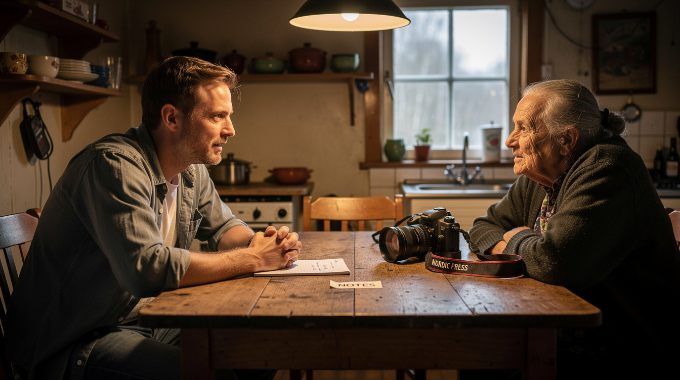 Documentary photographer interviewing a local resident with notebook and camera