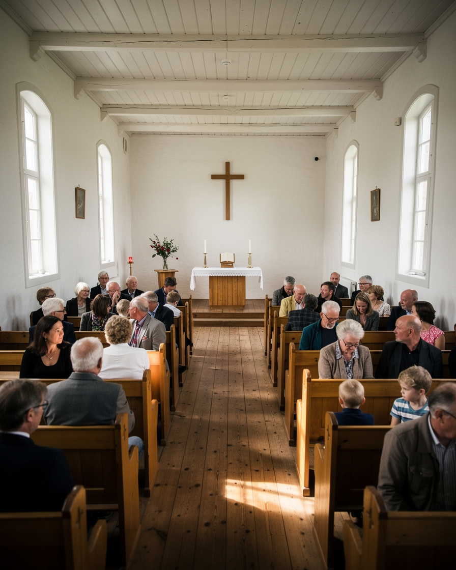 Small Danish village church congregation gathering inside